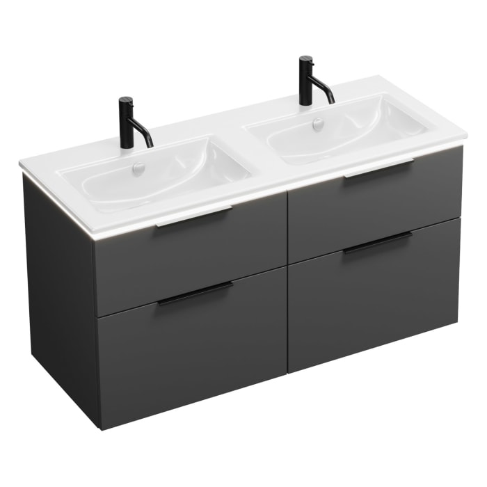 burgbad Eqio Doppelwaschtischkombination mit Keramik-Doppelwaschtisch Slim und LED-Beleuchtung, 122 cm, mit Griff G0200