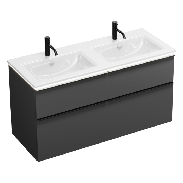 burgbad Eqio Doppelwaschtischkombination mit Keramik-Doppelwaschtisch Slim und LED-Beleuchtung, 122 cm, mit Griffleiste G0252