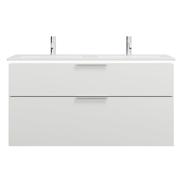 burgbad Eqio Doppelwaschtischkombination mit Keramik-Doppelwaschtisch Slim und LED-Beleuchtung, 122 cm, mit Griff G0146