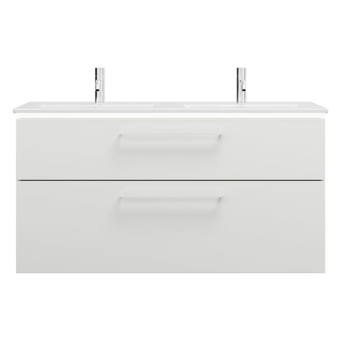 burgbad Eqio Doppelwaschtischkombination mit Keramik-Doppelwaschtisch Slim und LED-Beleuchtung, 122 cm, mit Stangengriff P95