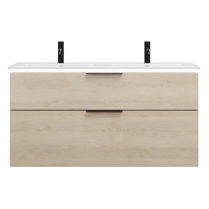 burgbad Eqio Doppelwaschtischkombination mit Keramik-Doppelwaschtisch Slim und LED-Beleuchtung, 122 cm, mit Griff G0200