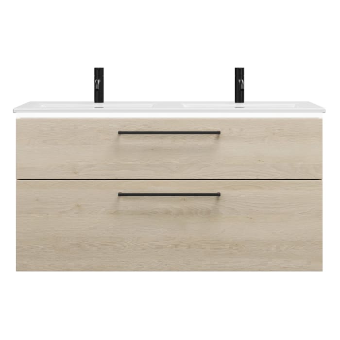 burgbad Eqio Doppelwaschtischkombination mit Keramik-Doppelwaschtisch Slim und LED-Beleuchtung, 122 cm, mit Stangengriff G0234