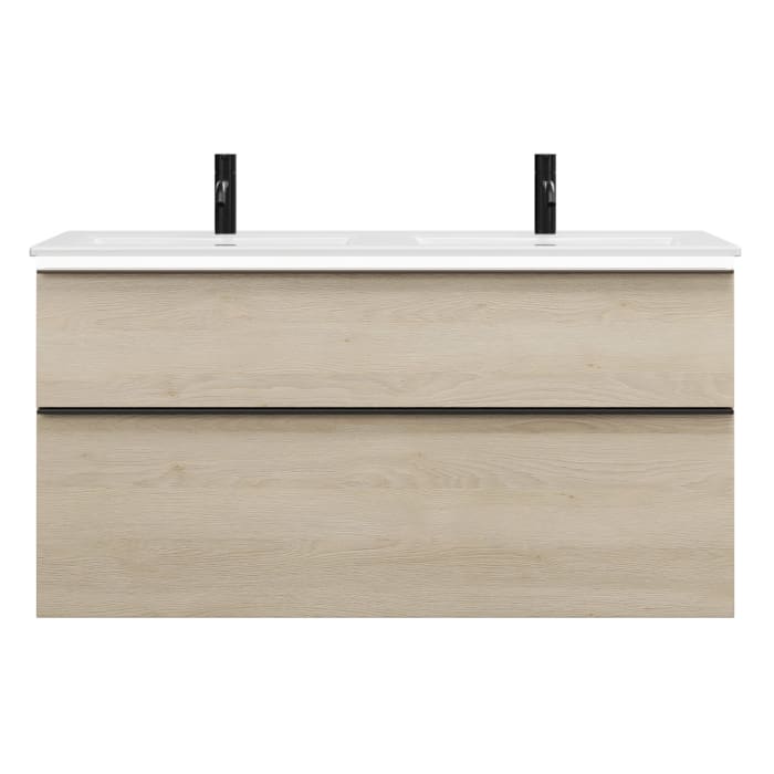 burgbad Eqio Doppelwaschtischkombination mit Keramik-Doppelwaschtisch Slim und LED-Beleuchtung, 122 cm, mit Griffleiste G0252