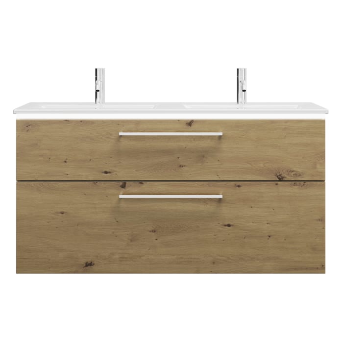 burgbad Eqio Doppelwaschtischkombination mit Keramik-Doppelwaschtisch Slim und LED-Beleuchtung, 122 cm, mit Stangengriff P95