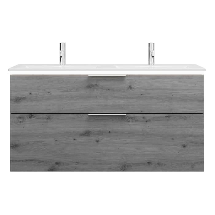 burgbad Eqio Doppelwaschtischkombination mit Keramik-Doppelwaschtisch Slim und LED-Beleuchtung, 122 cm, mit Griff G0146