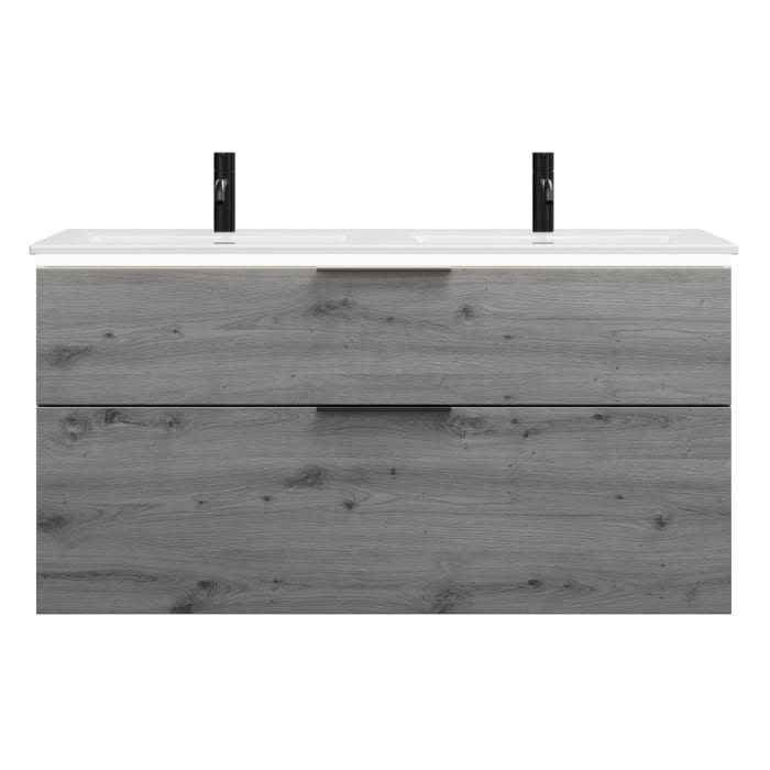 burgbad Eqio Doppelwaschtischkombination mit Keramik-Doppelwaschtisch Slim und LED-Beleuchtung, 122 cm, mit Griff G0200