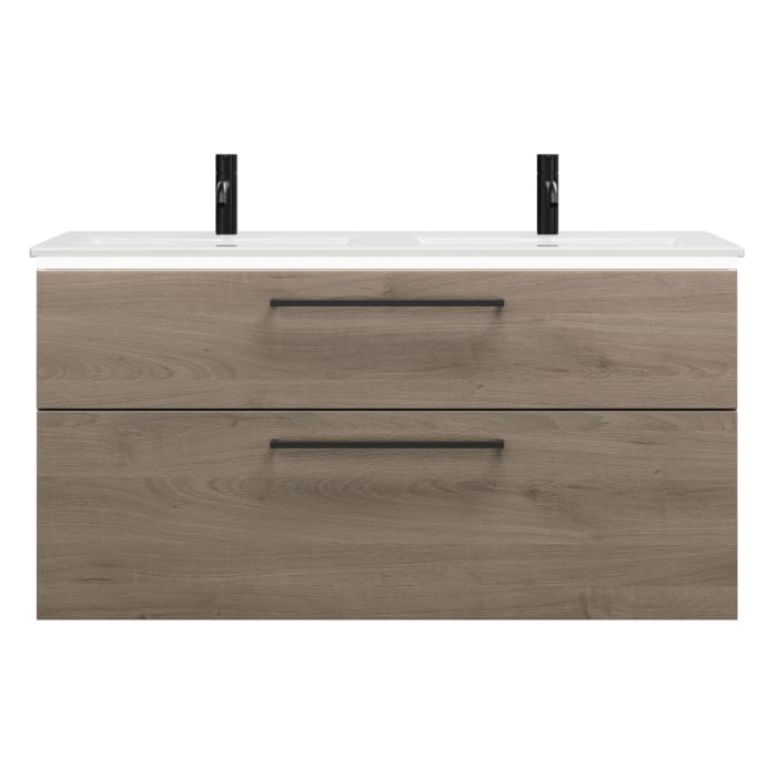 burgbad Eqio Doppelwaschtischkombination mit Keramik-Doppelwaschtisch Slim und LED-Beleuchtung, 122 cm, mit Stangengriff G0234