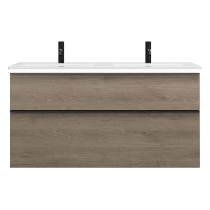 burgbad Eqio Doppelwaschtischkombination mit Keramik-Doppelwaschtisch Slim und LED-Beleuchtung, 122 cm, mit Griffleiste G0252