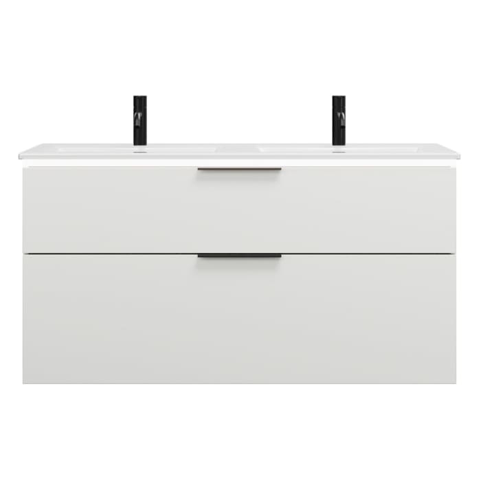 burgbad Eqio Doppelwaschtischkombination mit Keramik-Doppelwaschtisch Slim und LED-Beleuchtung, 122 cm, mit Griff G0200