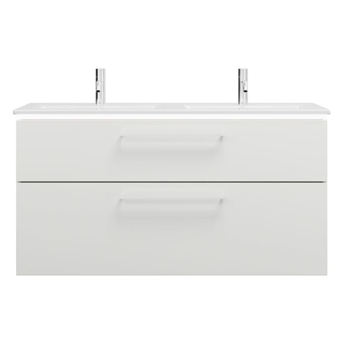 burgbad Eqio Doppelwaschtischkombination mit Keramik-Doppelwaschtisch Slim und LED-Beleuchtung, 122 cm, mit Stangengriff P95