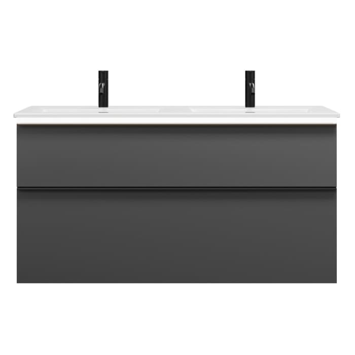 burgbad Eqio Doppelwaschtischkombination mit Keramik-Doppelwaschtisch Slim und LED-Beleuchtung, 122 cm, mit Griffleiste G0252