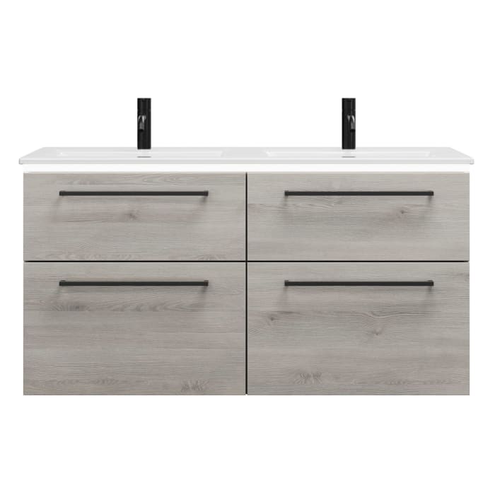 burgbad Eqio Doppelwaschtischkombination mit Keramik-Doppelwaschtisch Slim und LED-Beleuchtung, 122 cm, mit Stangengriff G0234