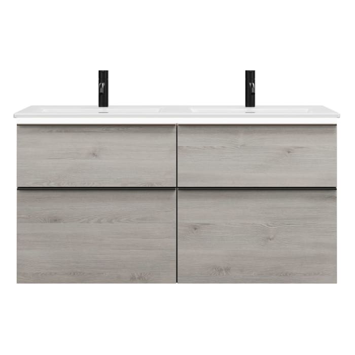 burgbad Eqio Doppelwaschtischkombination mit Keramik-Doppelwaschtisch Slim und LED-Beleuchtung, 122 cm, mit Griffleiste G0252