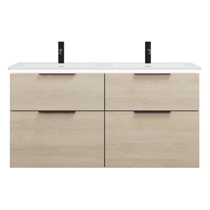 burgbad Eqio Doppelwaschtischkombination mit Keramik-Doppelwaschtisch Slim und LED-Beleuchtung, 122 cm, mit Griff G0200