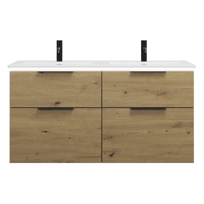 burgbad Eqio Doppelwaschtischkombination mit Keramik-Doppelwaschtisch Slim und LED-Beleuchtung, 122 cm, mit Griff G0200