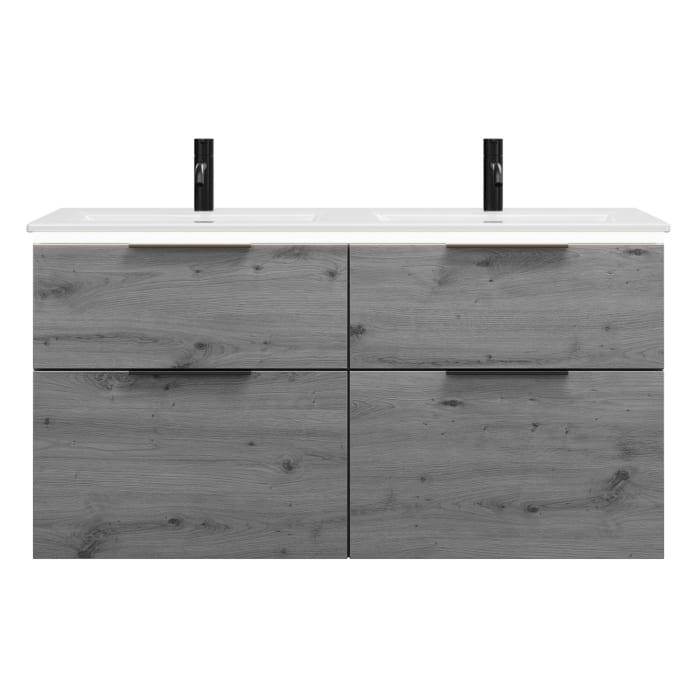 burgbad Eqio Doppelwaschtischkombination mit Keramik-Doppelwaschtisch Slim und LED-Beleuchtung, 122 cm, mit Griff G0200