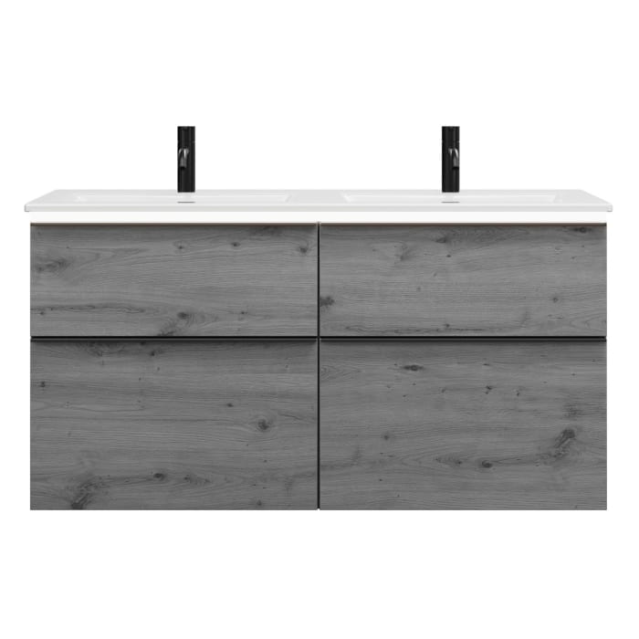 burgbad Eqio Doppelwaschtischkombination mit Keramik-Doppelwaschtisch Slim und LED-Beleuchtung, 122 cm, mit Griffleiste G0252