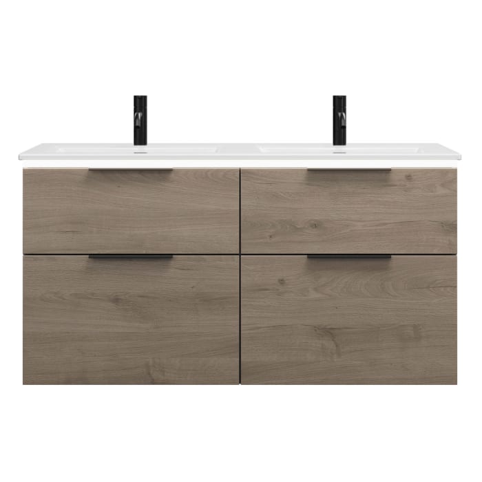 burgbad Eqio Doppelwaschtischkombination mit Keramik-Doppelwaschtisch Slim und LED-Beleuchtung, 122 cm, mit Griff G0200