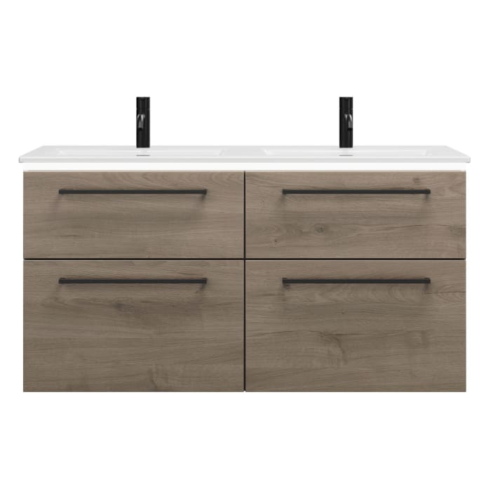 burgbad Eqio Doppelwaschtischkombination mit Keramik-Doppelwaschtisch Slim und LED-Beleuchtung, 122 cm, mit Stangengriff G0234