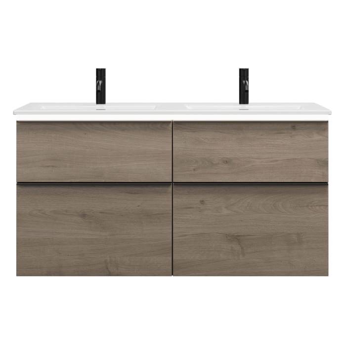 burgbad Eqio Doppelwaschtischkombination mit Keramik-Doppelwaschtisch Slim und LED-Beleuchtung, 122 cm, mit Griffleiste G0252