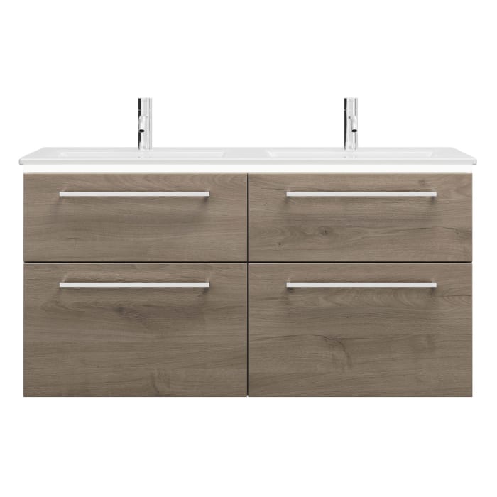 burgbad Eqio Doppelwaschtischkombination mit Keramik-Doppelwaschtisch Slim und LED-Beleuchtung, 122 cm, mit Stangengriff P95