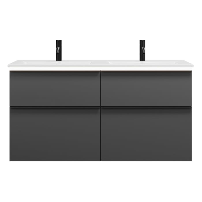 burgbad Eqio Doppelwaschtischkombination mit Keramik-Doppelwaschtisch Slim und LED-Beleuchtung, 122 cm, mit Griffleiste G0252