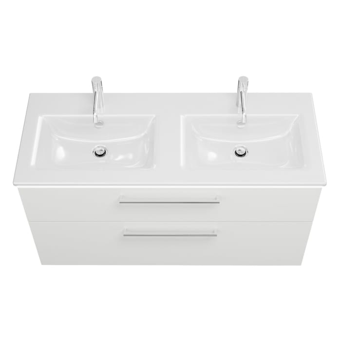 burgbad Eqio Doppelwaschtischkombination mit Keramik-Doppelwaschtisch Slim und LED-Beleuchtung, 122 cm, mit Stangengriff P95