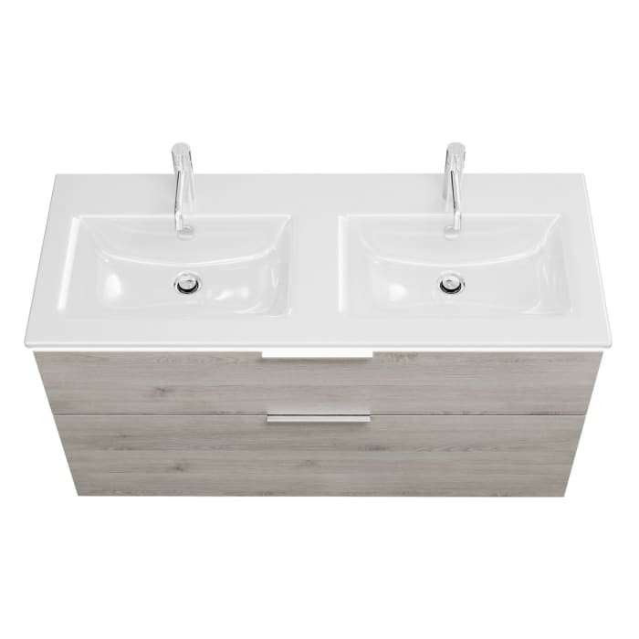 burgbad Eqio Doppelwaschtischkombination mit Keramik-Doppelwaschtisch Slim und LED-Beleuchtung, 122 cm, mit Griff G0146