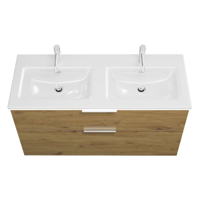 burgbad Eqio Doppelwaschtischkombination mit Keramik-Doppelwaschtisch Slim und LED-Beleuchtung, 122 cm, mit Griff G0146