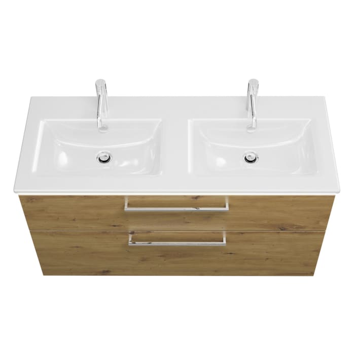 burgbad Eqio Doppelwaschtischkombination mit Keramik-Doppelwaschtisch Slim und LED-Beleuchtung, 122 cm, mit Stangengriff P95