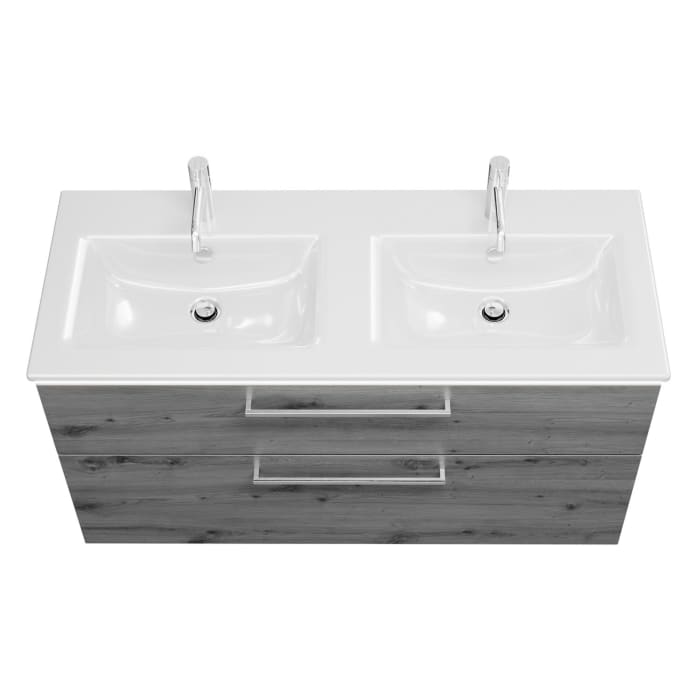 burgbad Eqio Doppelwaschtischkombination mit Keramik-Doppelwaschtisch Slim und LED-Beleuchtung, 122 cm, mit Stangengriff P95