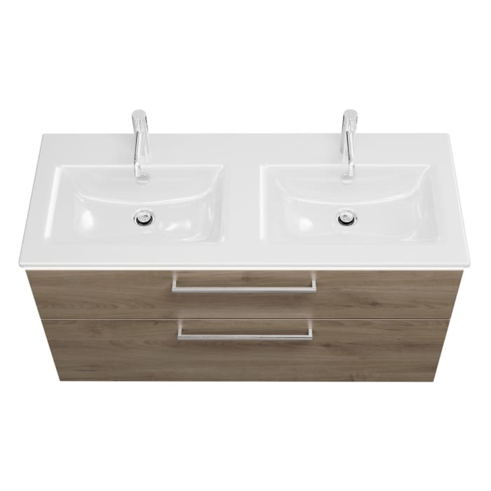 burgbad Eqio Doppelwaschtischkombination mit Keramik-Doppelwaschtisch Slim und LED-Beleuchtung, 122 cm, mit Stangengriff P95