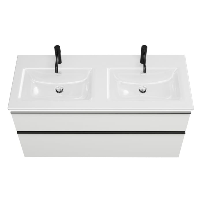 burgbad Eqio Doppelwaschtischkombination mit Keramik-Doppelwaschtisch Slim und LED-Beleuchtung, 122 cm, mit Griffleiste G0252