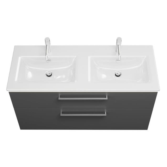 burgbad Eqio Doppelwaschtischkombination mit Keramik-Doppelwaschtisch Slim und LED-Beleuchtung, 122 cm, mit Stangengriff P95