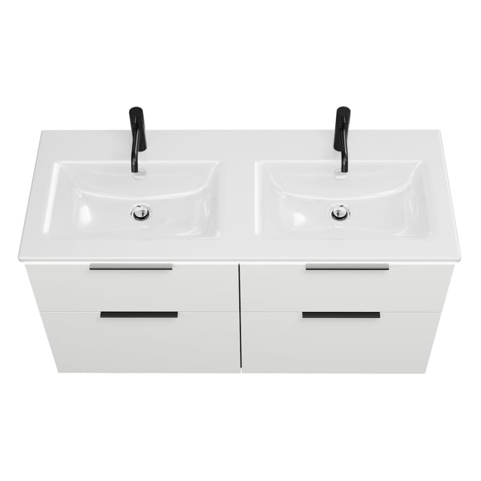 burgbad Eqio Doppelwaschtischkombination mit Keramik-Doppelwaschtisch Slim und LED-Beleuchtung, 122 cm, mit Griff G0200