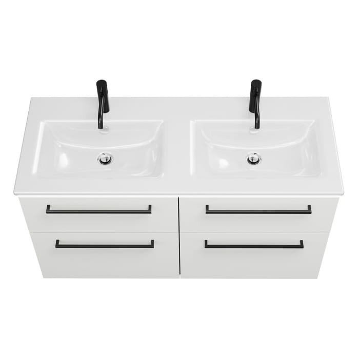 burgbad Eqio Doppelwaschtischkombination mit Keramik-Doppelwaschtisch Slim und LED-Beleuchtung, 122 cm, mit Stangengriff G0234