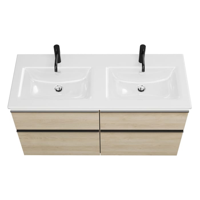 burgbad Eqio Doppelwaschtischkombination mit Keramik-Doppelwaschtisch Slim und LED-Beleuchtung, 122 cm, mit Griffleiste G0252