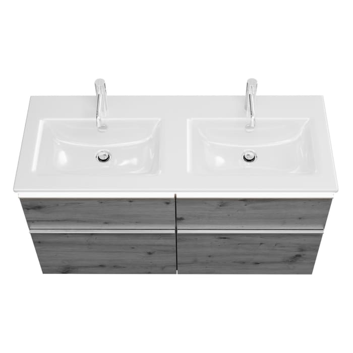 burgbad Eqio Doppelwaschtischkombination mit Keramik-Doppelwaschtisch Slim und LED-Beleuchtung, 122 cm, mit Griffleiste G0251