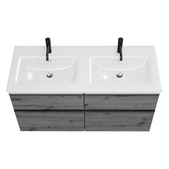 burgbad Eqio Doppelwaschtischkombination mit Keramik-Doppelwaschtisch Slim und LED-Beleuchtung, 122 cm, mit Griffleiste G0252