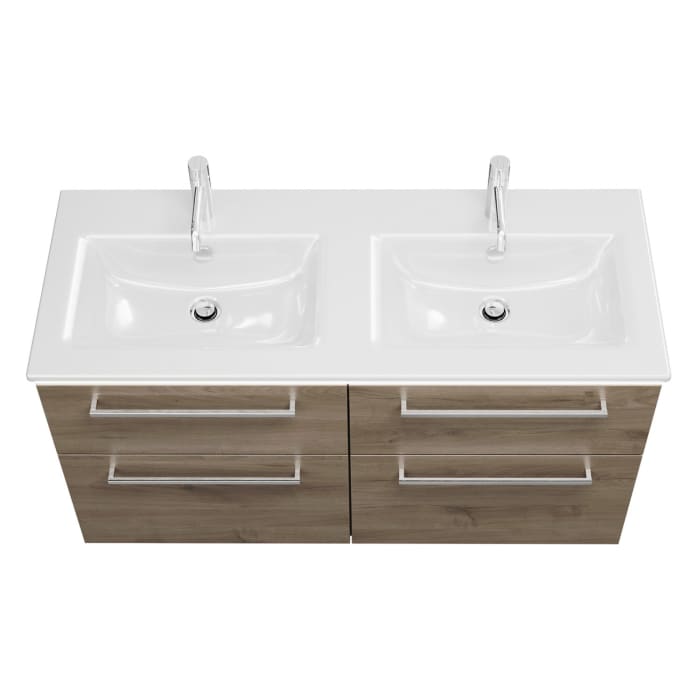 burgbad Eqio Doppelwaschtischkombination mit Keramik-Doppelwaschtisch Slim und LED-Beleuchtung, 122 cm, mit Stangengriff P95