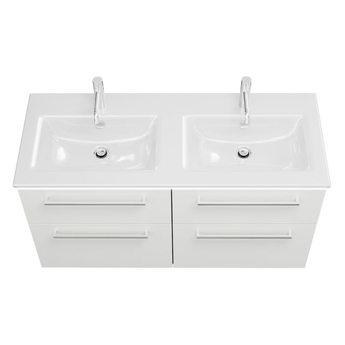 burgbad Eqio Doppelwaschtischkombination mit Keramik-Doppelwaschtisch Slim und LED-Beleuchtung, 122 cm, mit Stangengriff P95