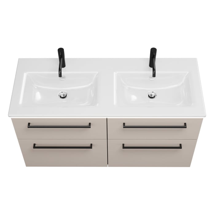 burgbad Eqio Doppelwaschtischkombination mit Keramik-Doppelwaschtisch Slim und LED-Beleuchtung, 122 cm, mit Stangengriff G0234