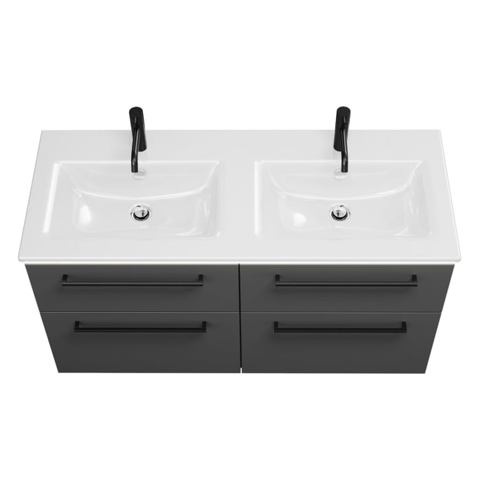 burgbad Eqio Doppelwaschtischkombination mit Keramik-Doppelwaschtisch Slim und LED-Beleuchtung, 122 cm, mit Stangengriff G0234