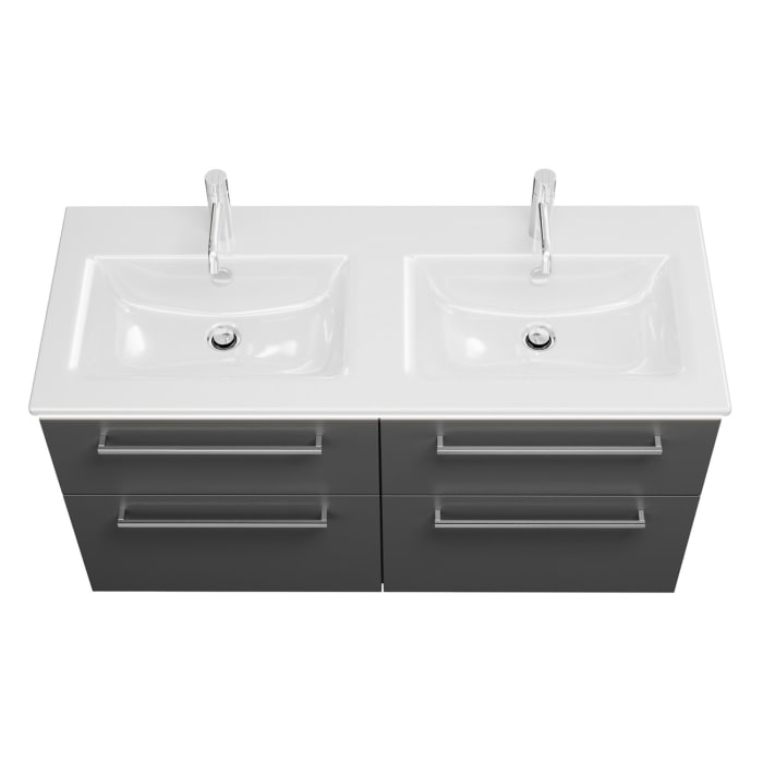 burgbad Eqio Doppelwaschtischkombination mit Keramik-Doppelwaschtisch Slim und LED-Beleuchtung, 122 cm, mit Stangengriff P95