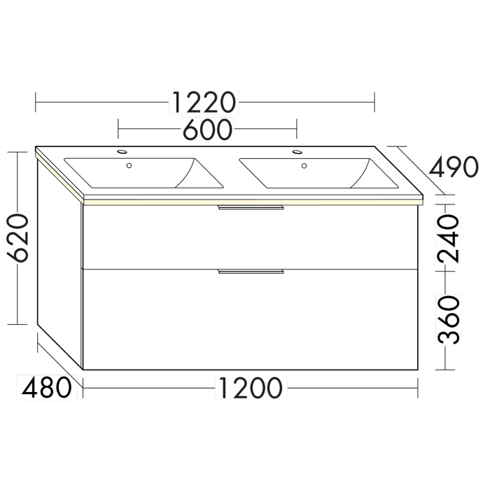 burgbad Eqio Doppelwaschtischkombination mit Keramik-Doppelwaschtisch Slim und LED-Beleuchtung, 122 cm, mit Griff G0200
