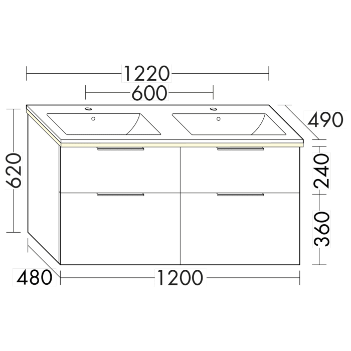 burgbad Eqio Doppelwaschtischkombination mit Keramik-Doppelwaschtisch Slim und LED-Beleuchtung, 122 cm, mit Griff G0146