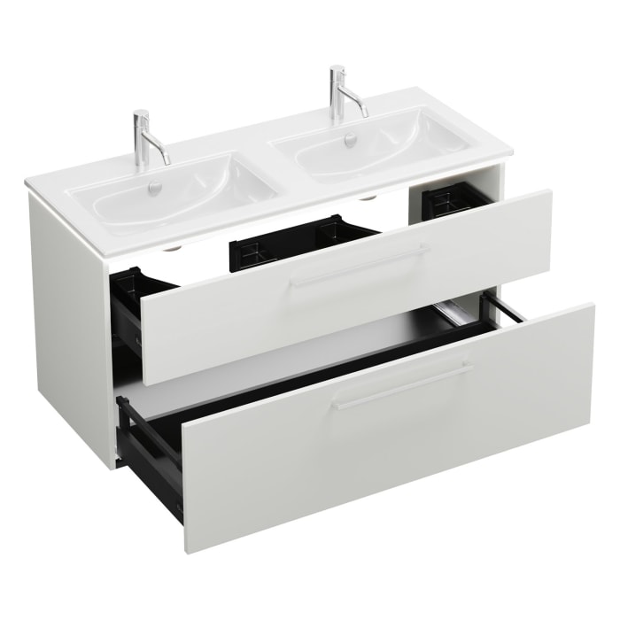 burgbad Eqio Doppelwaschtischkombination mit Keramik-Doppelwaschtisch Slim und LED-Beleuchtung, 122 cm, mit Stangengriff P95