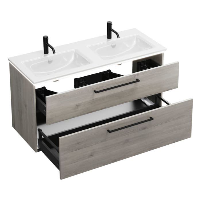 burgbad Eqio Doppelwaschtischkombination mit Keramik-Doppelwaschtisch Slim und LED-Beleuchtung, 122 cm, mit Stangengriff G0234