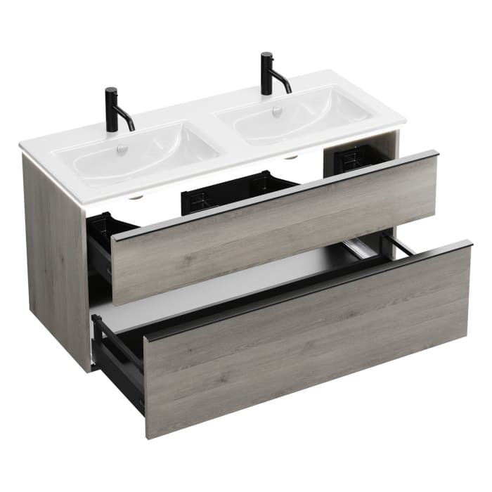 burgbad Eqio Doppelwaschtischkombination mit Keramik-Doppelwaschtisch Slim und LED-Beleuchtung, 122 cm, mit Griffleiste G0252