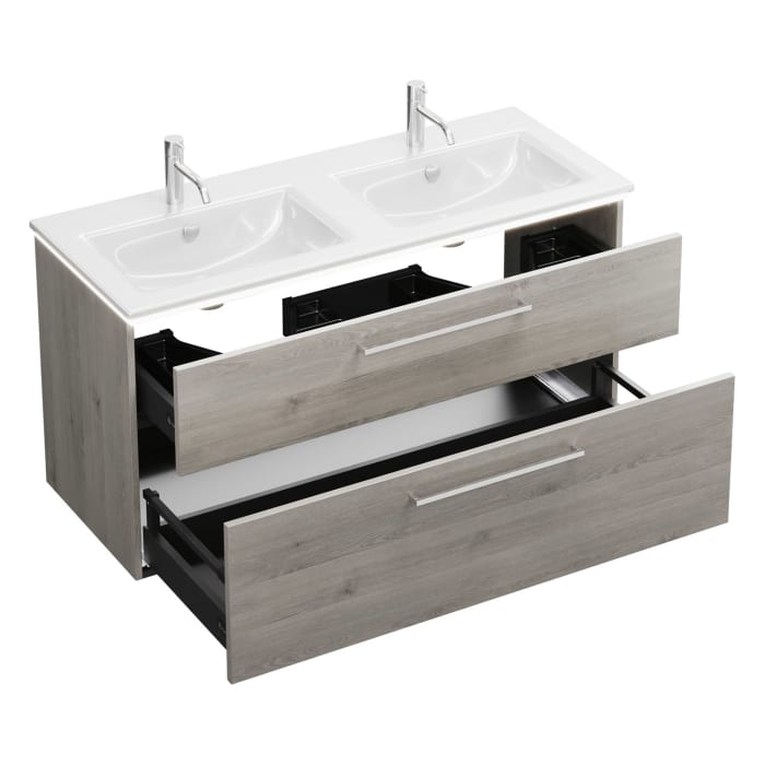 burgbad Eqio Doppelwaschtischkombination mit Keramik-Doppelwaschtisch Slim und LED-Beleuchtung, 122 cm, mit Stangengriff P95